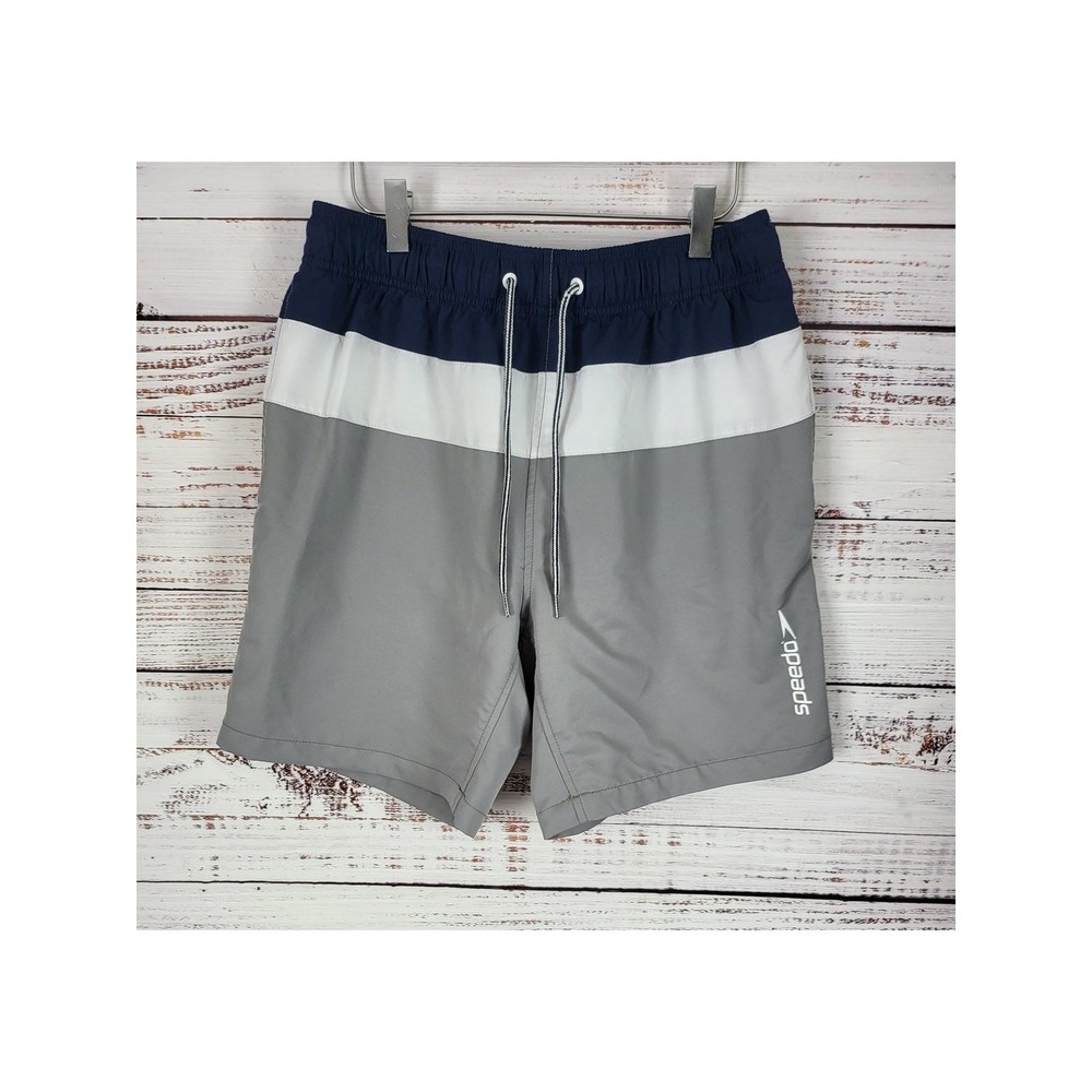 Speedo Swim Trunks M‎ Mens Grey White Blue Pull On Pockets Mesh Lined Swim